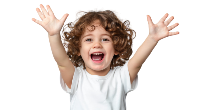 A little girl stands with her hands up in the air, radiating happiness and freedom