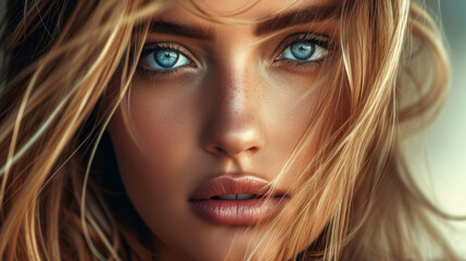 A woman with long blonde hair and blue eyes. She has a tan complexion and a tanish-blonde nose - obrazy, fototapety, plakaty