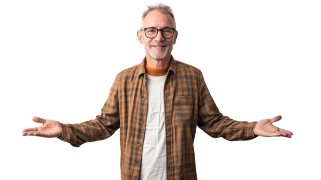 A man with glasses and a plaid shirt looks contemplative against a rustic backdrop
