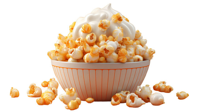 A bowl overbrimming with fluffy popcorn coated in white frosting, creating a delightful and sugary treat