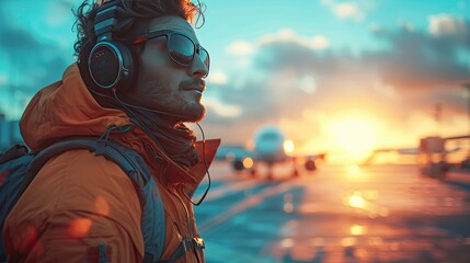 side view of a serious airport worker in sunglasses and headphones staring into the distance blue sky and passenger plane on blurred background generative ai - obrazy, fototapety, plakaty