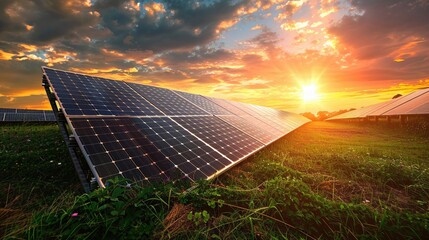 solar panels with the sunrise in the background showcasing renewable energy - obrazy, fototapety, plakaty