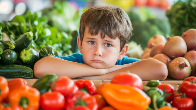 The boy made a face while surrounded by vegetables. Children don't like to eat vegetables. Healthy food. Children and eating habits. Healthy eating concept. Children's refusal to eat vegetables.