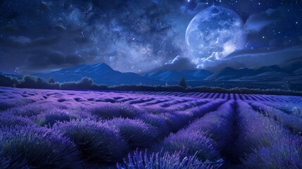 Lavender fields at night with a full moon and stars, creating a surreal and magical landscape.