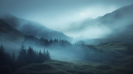 Mystical hills shrouded in blue mist with evergreen trees, creating a tranquil and ethereal landscape.