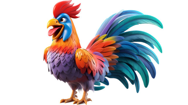A colorful rooster stands gracefully on its hind legs, showcasing its vibrant feathers and elegant pose