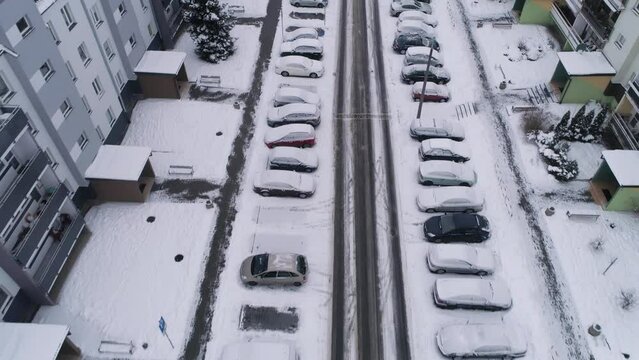 Winter Road Cars In Snow Binkow Belchatow Aerial View Poland