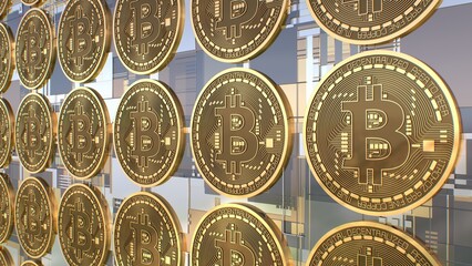 Grid Array Of Bitcoin Golden Shiny Metallic Coins Slowly Moving BTC - Abstract Background Texture