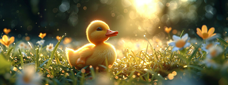Yellow cute little duckling on spring meadow with flowers in sunny day. Duck chick the field. Happy easter. Cute pet, funny bird. Farm, love animals concept