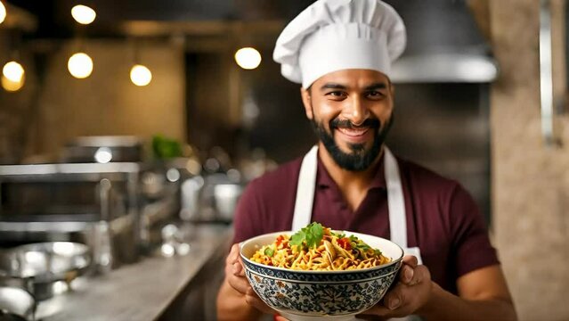 Chef holding a plate of biryani, chef showing his dishes, cooking videos, vegan recipes, meat recipes, asmr cooking, youtube calming videos, chicken pot, stock videos, stock food videos.	