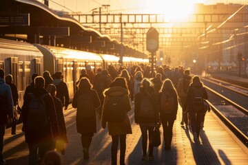 station crowd of people train leaving at sunset