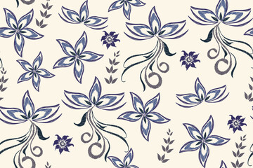 Obraz premium Blue Floral pattern vintage seamless embroidery white background. Ikat flower motif oriental seamless pattern traditional. Aztec style abstract vector illustration vintage design for print template.