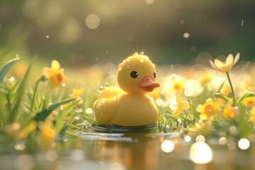 Little yellow rubber duck bath toy swimming in pond in spring sunny day. Creative funny Easter concept for background, card, banner, poster, wallpaper