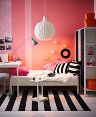 Pink Bedroom With Black and White Stripes