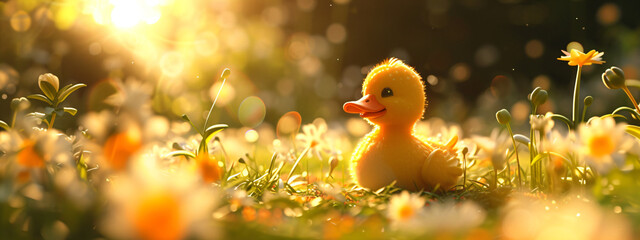 Little yellow rubber duck bath toy on spring meadow with flowers in sunny day. Creative funny Easter concept for background, card, banner, poster, wallpaper