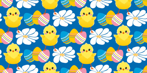 Cute spring pattern with Easter eggs, flowers, chickens. The cheerful Easter design for background, digital paper, wallpaper, fabric. Seamless pattern. Vector illustration.