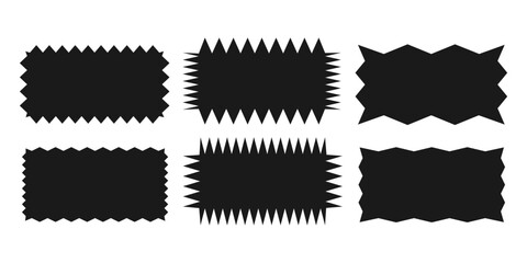 Jagged rectangle.A set of uneven zigzag rectangular shapes. Black color. Isolated elements for design of text box, button, badge, banner, tag, sticker, badge. Vector illustration.
