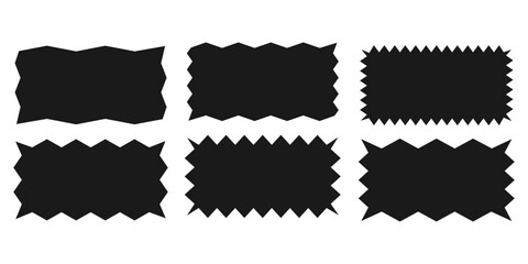 Zigzag rectangle.A set of uneven zigzag rectangular shapes. Black color. Isolated elements for design of text box, button, badge, banner, tag, sticker, badge. Vector illustration.