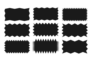 Collection of jagged rectangles. A set of uneven zigzag rectangular shapes. Black color. Isolated elements for design of text box, button, badge, banner, tag, sticker, badge. Vector illustration.