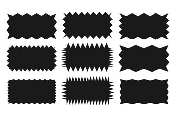 Collection of rectangles with jagged edges. A set of uneven zigzag rectangular shapes. Black color. Isolated elements for design of text box, button, badge, banner, tag, sticker, badge. Vector illustr