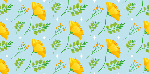 Yellow spring flowers on a blue background. Floral template with golden California poppy. The cheerful floral design for background, digital paper, wallpaper, fabric. Vector Seamless pattern. - obrazy, fototapety, plakaty