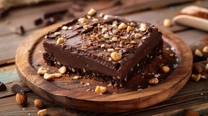 Raw vegan chocolate brownie with nuts on rustic wooden plate. Healthy sweed food concept - obrazy, fototapety, plakaty