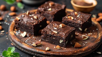 Raw vegan chocolate brownie with nuts on rustic wooden plate. Healthy sweed food concept - obrazy, fototapety, plakaty