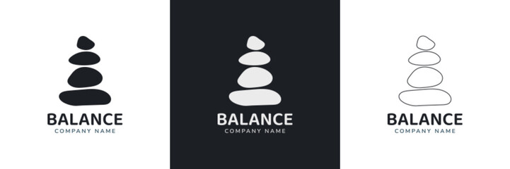 Zen stones logo template vector illustration. Balance rocks logotype concept. Smooth pebble signs set for spa, wellness, beauty designs, business cards, company branding. Black, white meditation icons - obrazy, fototapety, plakaty