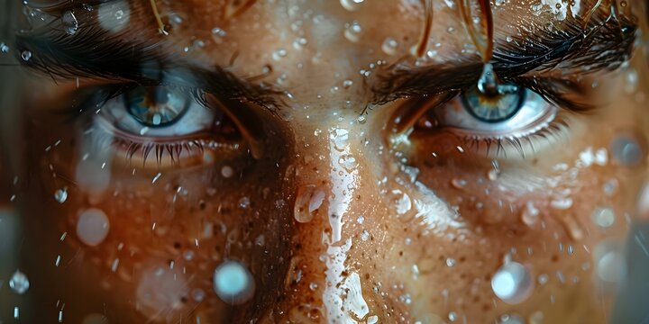 Focused Athlete With Sweat Drips Intense Gaze In Extreme Closeup Shot . Concept Sports Photography, Athlete Portraits, Extreme Closeup, Intense Gaze, Sweat Drips