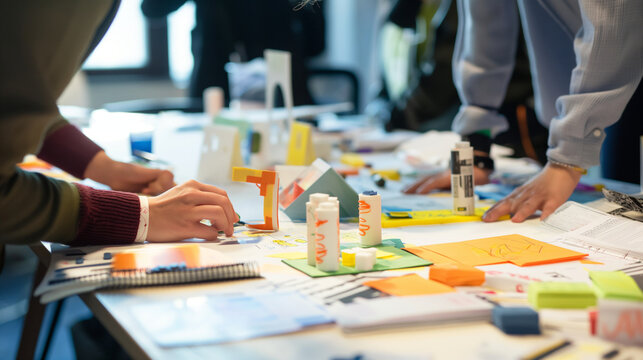 A workshop where business persons are engaged in building a prototype, blending creativity and strategy, business persons, with copy space