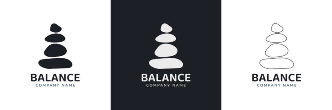 Zen stones logo template vector illustration. Balance rocks logotype concept. Smooth pebble signs set for spa, wellness, beauty designs, business cards, company branding. Black, white meditation icons