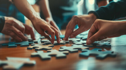 A group collaborating on a puzzle, symbolizing problem-solving and teamwork in a corporate workshop, business persons, with copy space