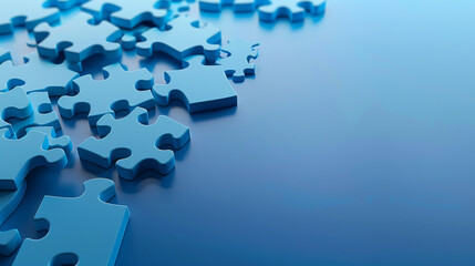 Blue Puzzle Pieces Scattered on a Smooth Surface Indicate an Unfinished Puzzle