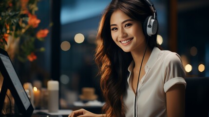 Woman Wearing Headphones Working on Computer