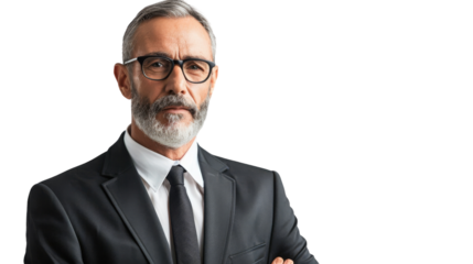 A man in a sleek suit and tie stands with arms crossed, exuding power and authority