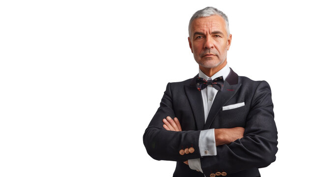 A man in a stylish tuxedo stands with arms crossed, exuding elegance and confidence