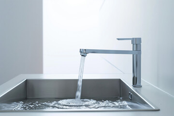 Water pours from a modern tap, faucet in the kitchen against a window in the background - Powered by Adobe