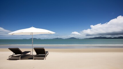 Fototapeta na wymiar Two Lounge Chairs Under Umbrella at Beach