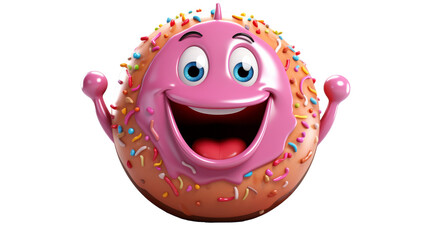 A pink doughnut with sprinkles and a smiling face