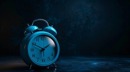 Blue alarm clock on a dark background. Place for text. Time ideas concept. Deadline concept.