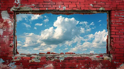 Poster Background of a broken brick wall with a view of the blue sky with clouds through the hole © MINHO