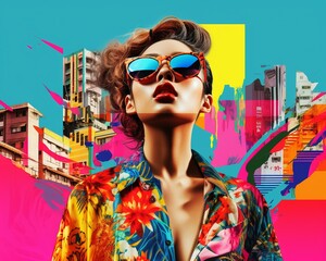 Abstract urban chic Rio de Janeiro meets Seoul colorful conceptual fashion poster style - obrazy, fototapety, plakaty