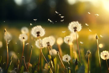 Papier Peint photo Lavable Herbe Beautiful spring dandelion field at sunset with green grass and blurred soft background