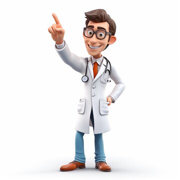 Cartoon doctor pointing up full height engaging for promotion clean design highquality 3D white background