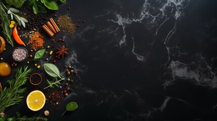 Lush herbs and vibrant spices scattered on a sleek black marble beckoning culinary exploration empty space for text