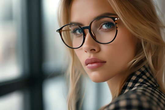 Close-up portrait of a young woman wearing stylish glasses, with a thoughtful expression and a blurred background.