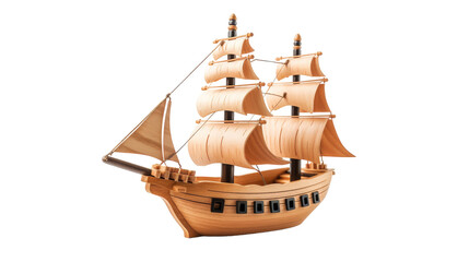 Detailed wooden model of a majestic sailing ship with billowing sails captured in a realistic setting