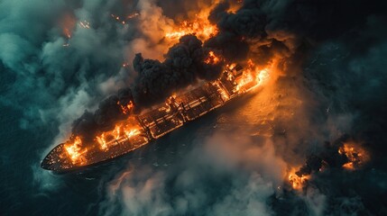 A large general cargo ship for logistics import and export goods caught fire, flames and smoke were seen at sea.
