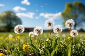 Spring meadow with yellow dandelions, fresh green grass, and soft blurred background