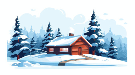 Cozy winter scene with a snow-covered cabin and pin